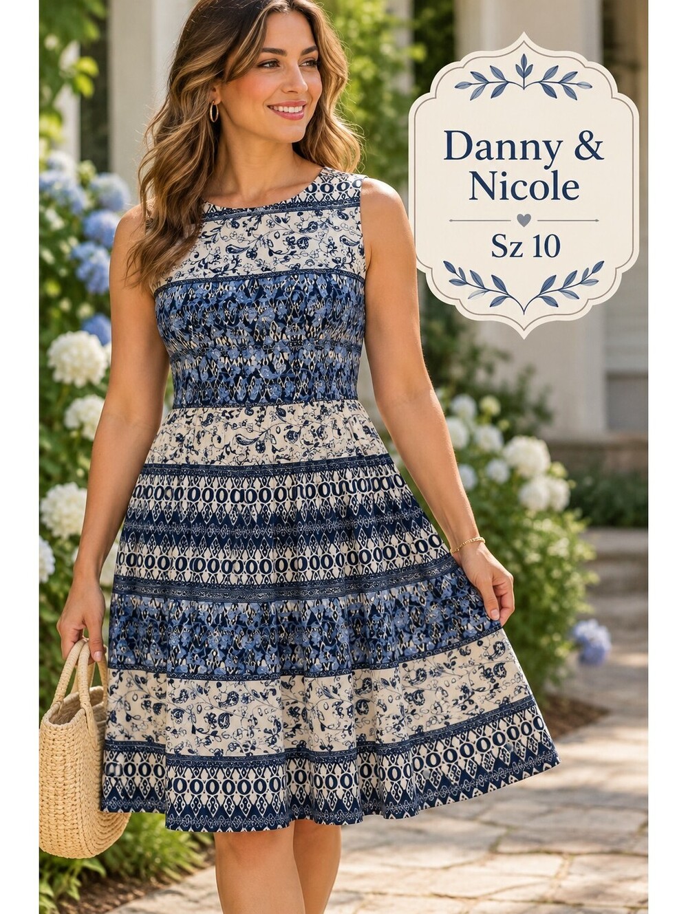 Danny and Nicole | 10 | Navy Blue Paisley Border Fit & Flare Dress